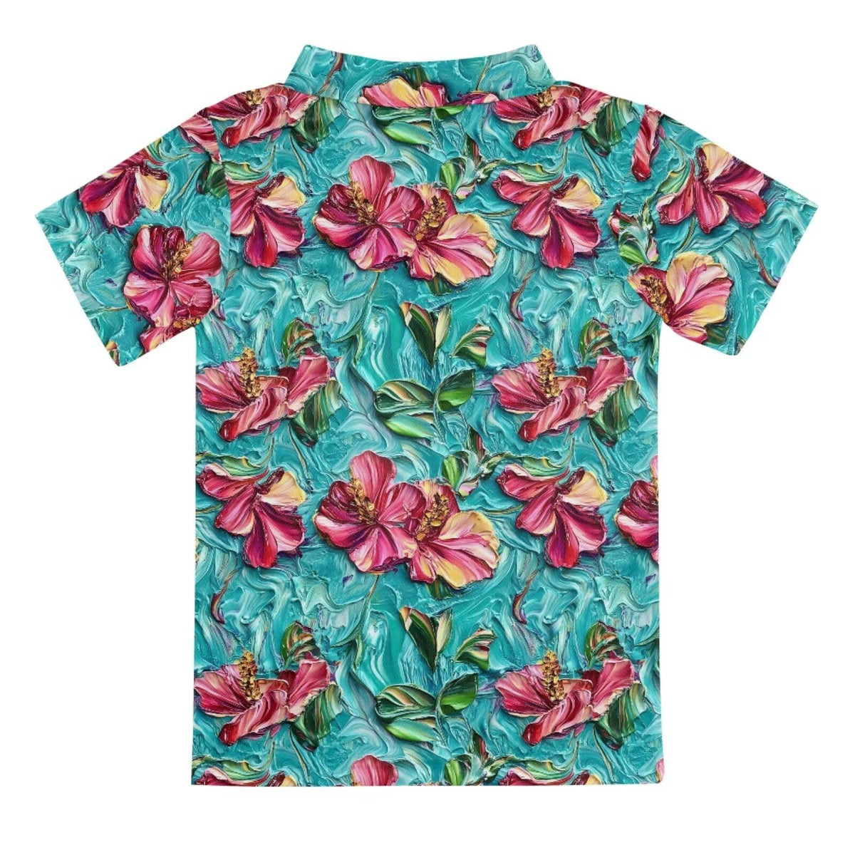 Warmkitty turquoise pink flowers polo shirt back view ideal for summer adventures
