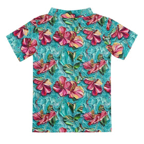 Warmkitty turquoise pink flowers polo shirt back view ideal for summer adventures