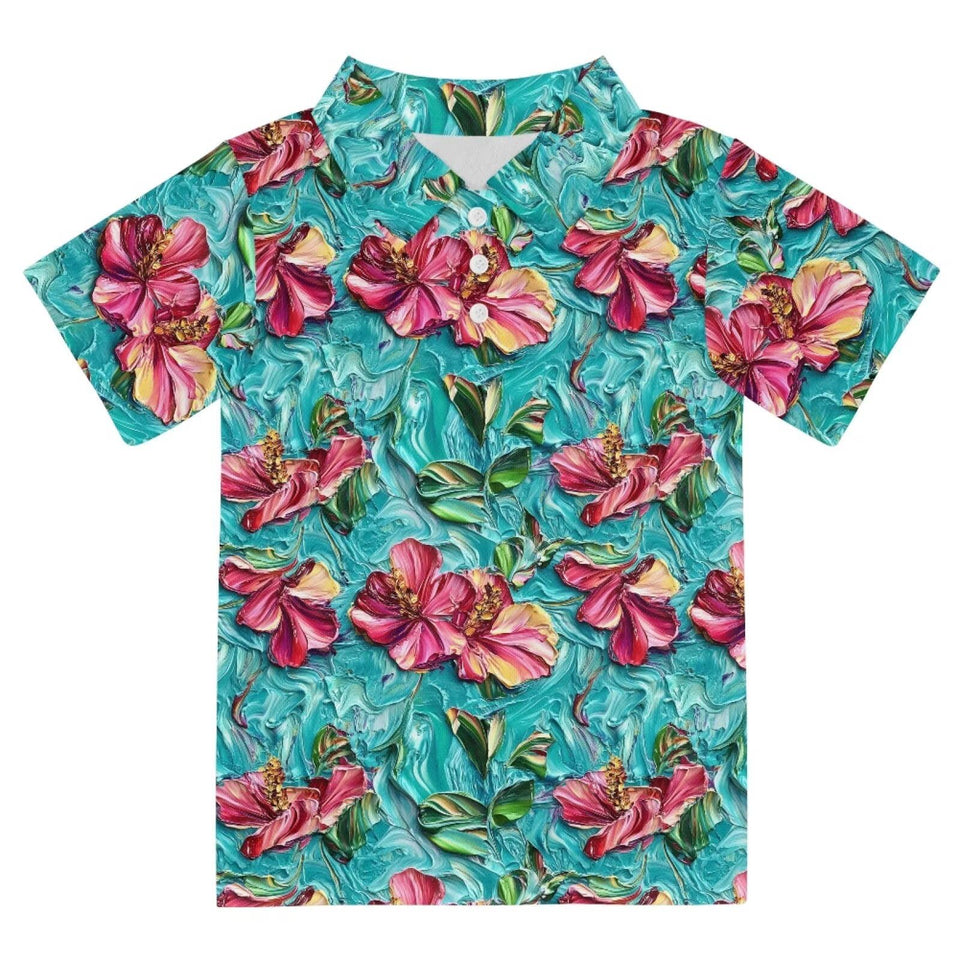 Warmkitty turquoise pink flowers polo shirt front view for sunny beach days