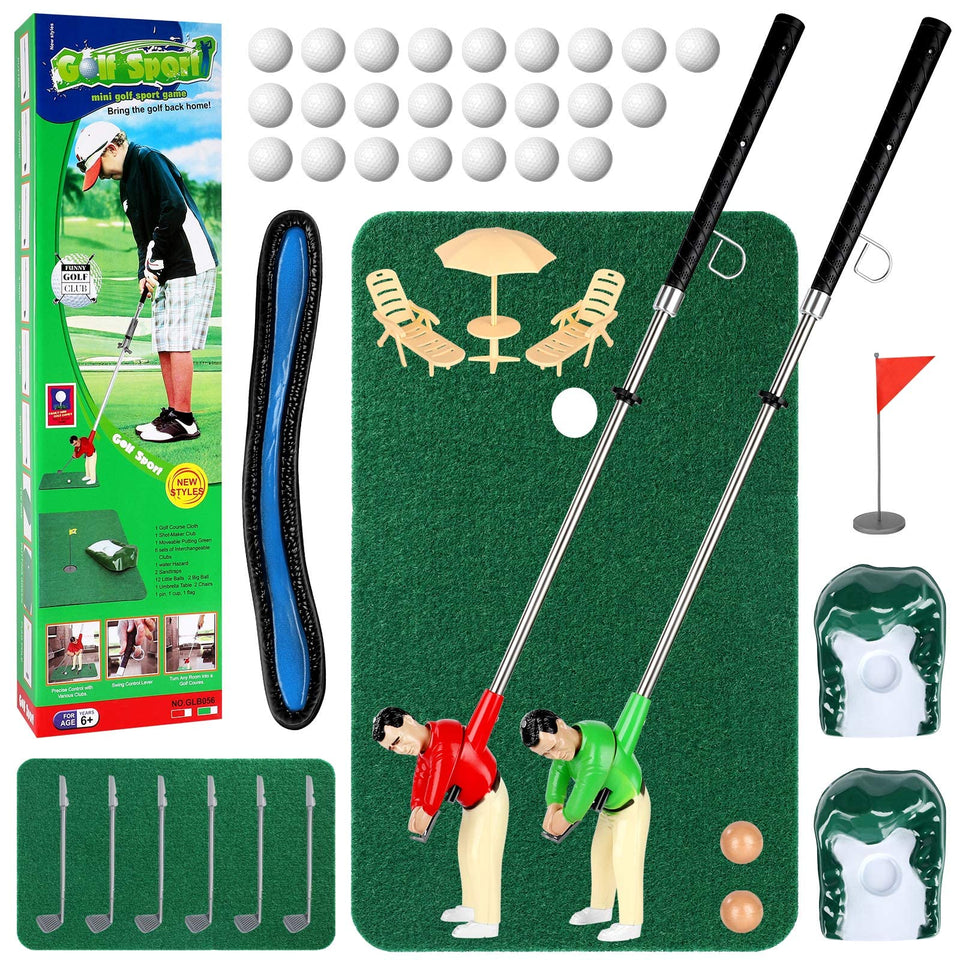 Wassteel mini golf kit featuring two kid-sized golfers, ideal for family bonding indoors
