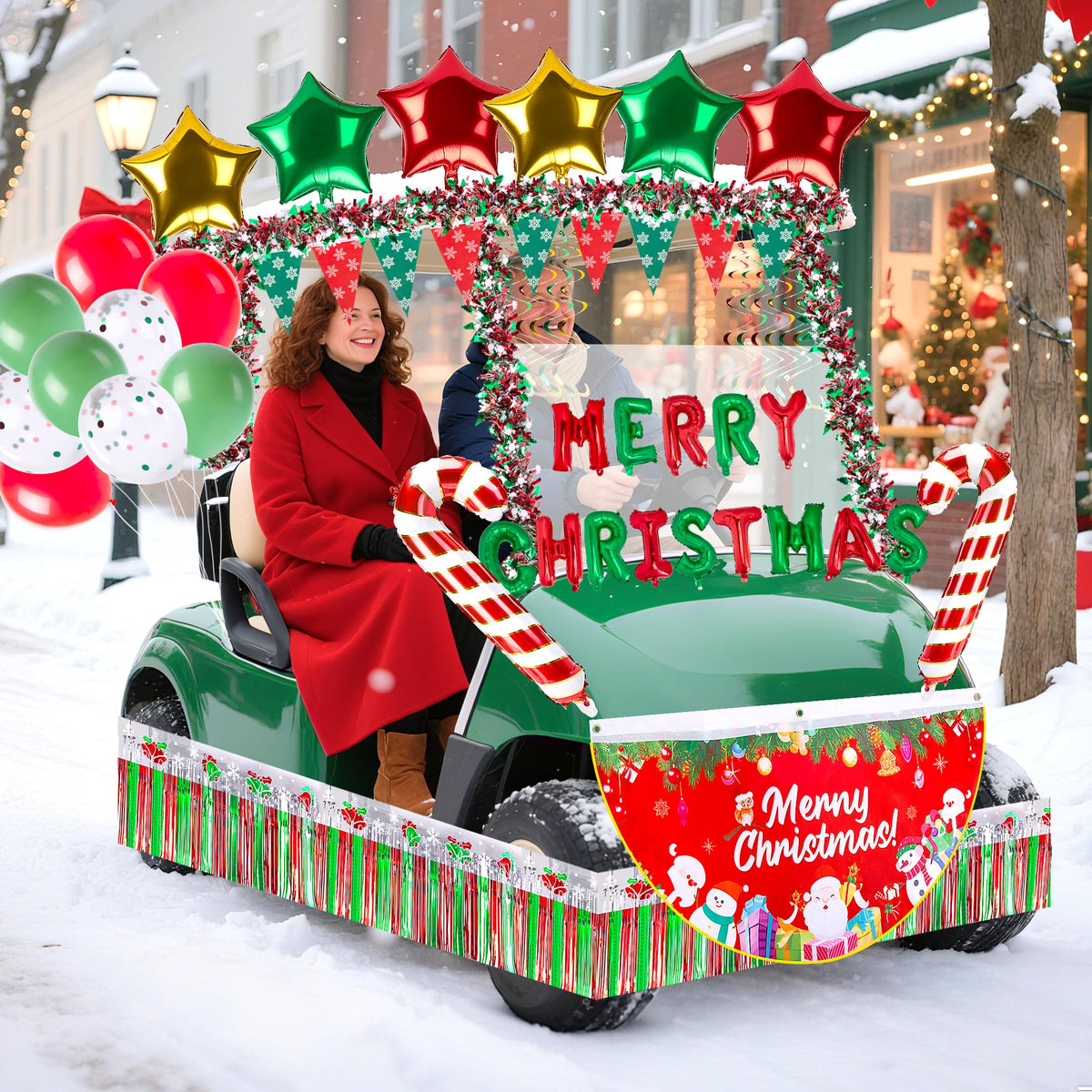 Watayo tinsel garland and red-green-white balloons create a cohesive Christmas theme