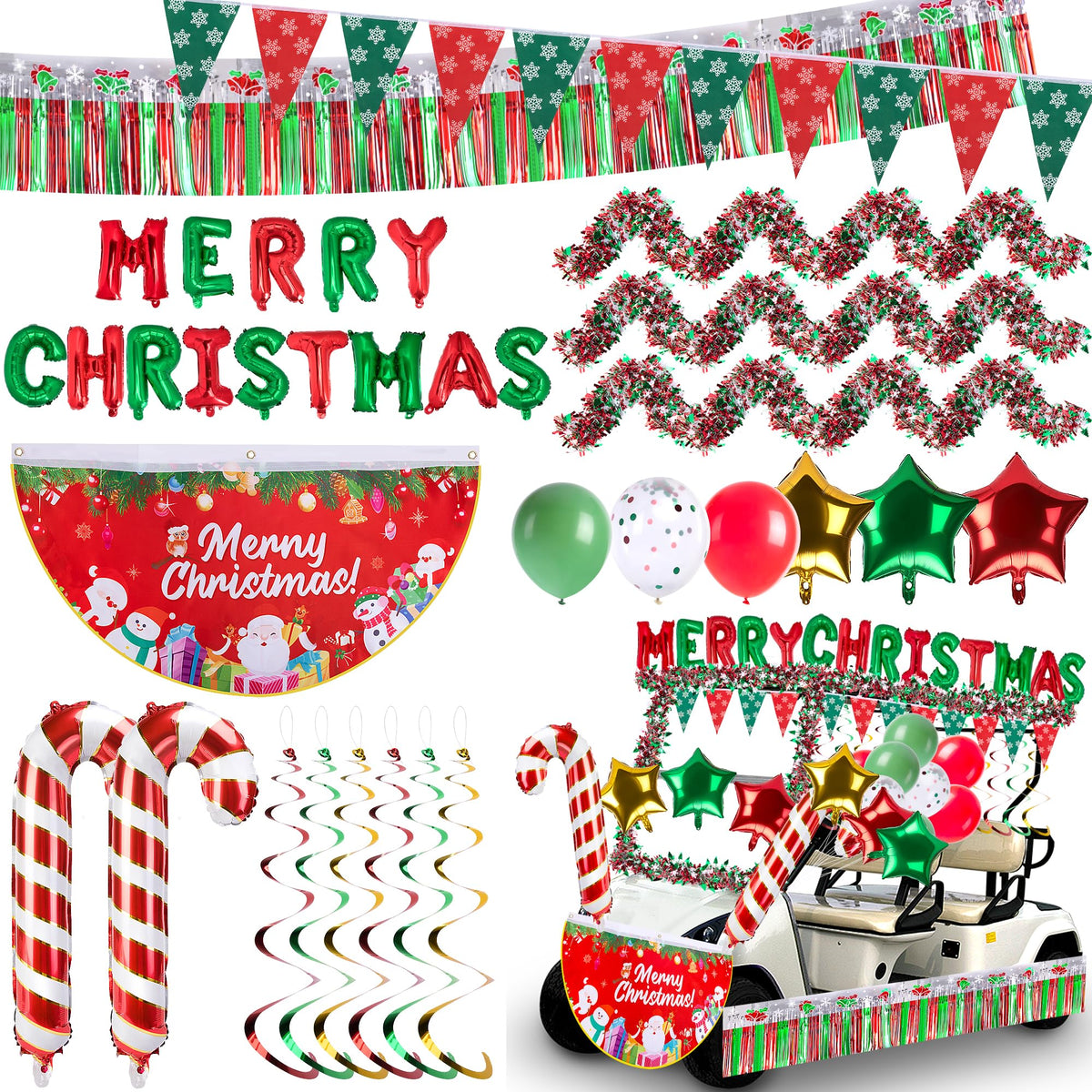 Watayo Christmas golf cart decor with foil curtain adds festive backdrop for parades