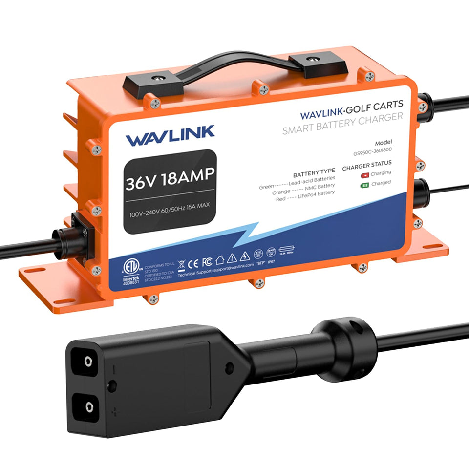 WAVLINK 36V charger front view powering a golf cart battery system.
