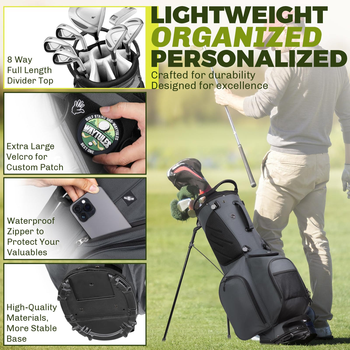 WAYTULES 8-Way divider top keeps clubs neatly separated.