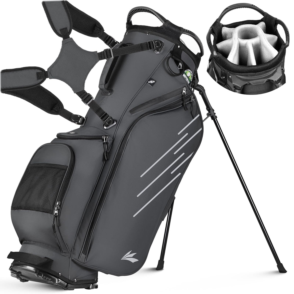 WAYTULES 8-Way golf stand bag front view shows organized clubs for quick access.