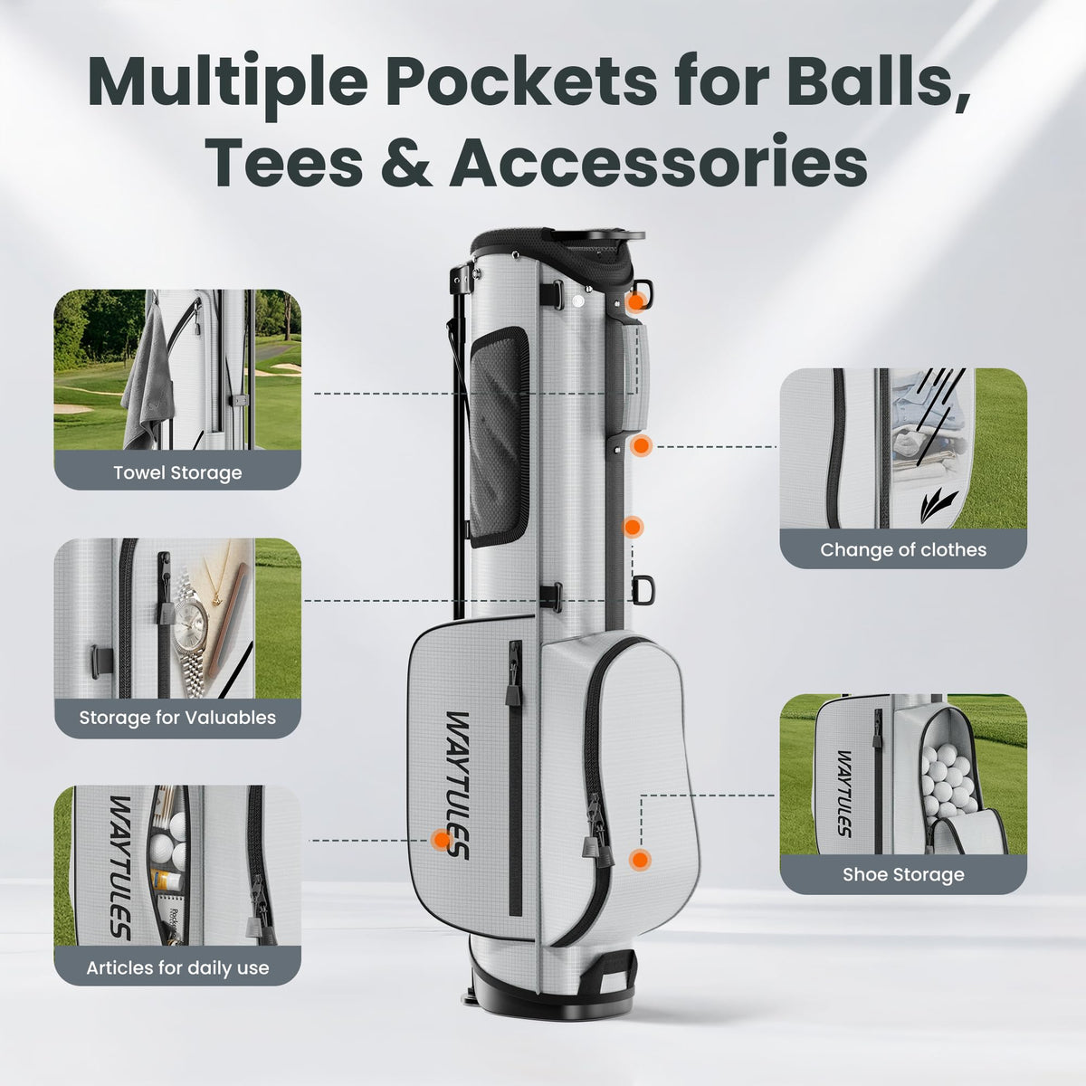 WAYTULES interior four-way divider keeps 6–8 clubs organized.