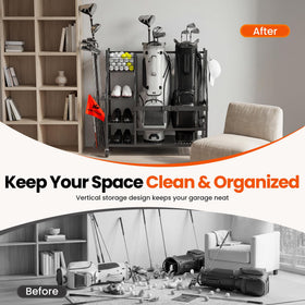 WAYTULES compact garage storage for bags, towels, and cleaning tools.