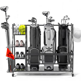 WAYTULES golf rack front view showing spacious bag and club storage.