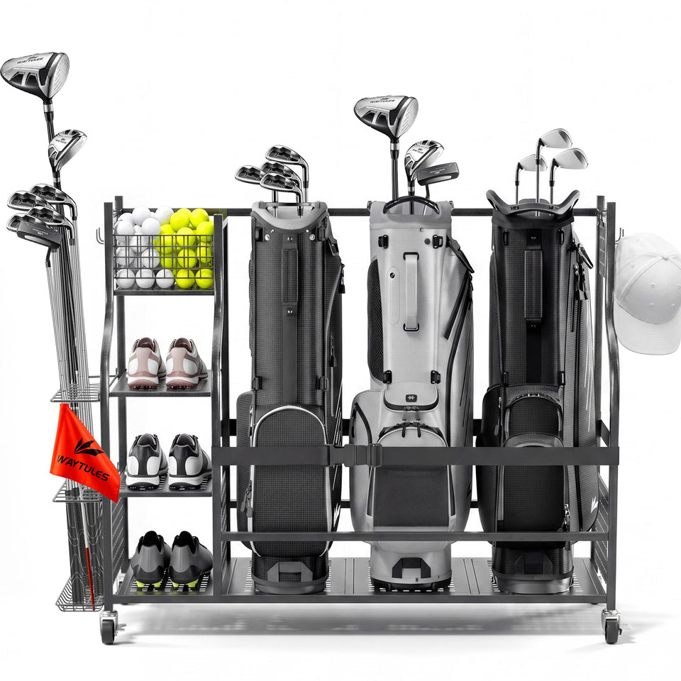 WAYTULES golf rack front view showing spacious bag and club storage.