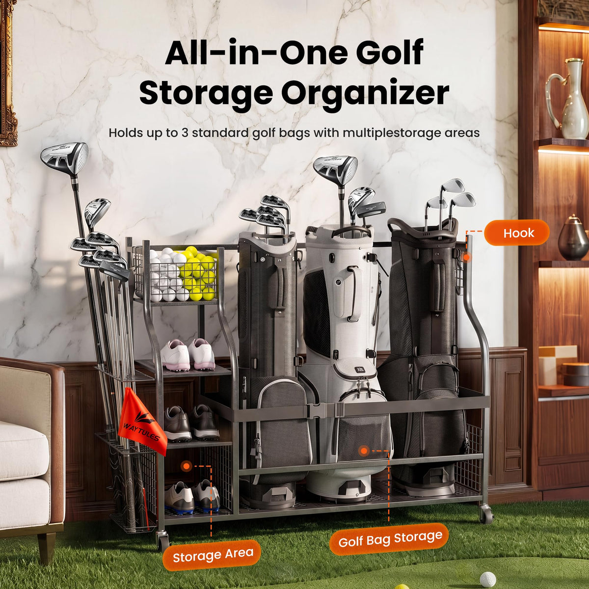 WAYTULES golf rack side view highlighting easy access to equipment.