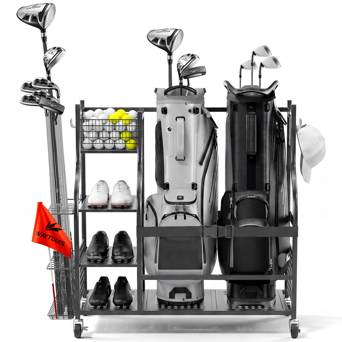 WAYTULES golf storage rack in a garage keeps bags and clubs organized.