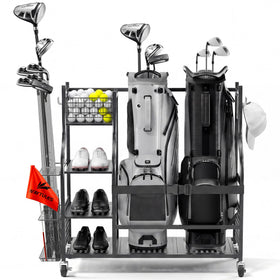 WAYTULES golf storage rack in a garage keeps bags and clubs organized.