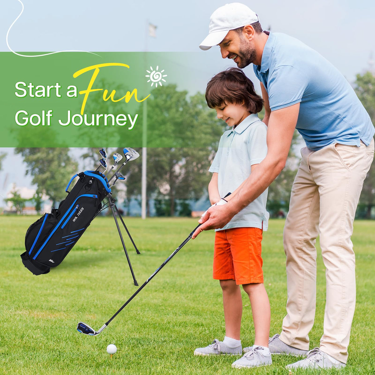 WAYTULES Blue Stand Bag keeps clubs organized and easy to carry.