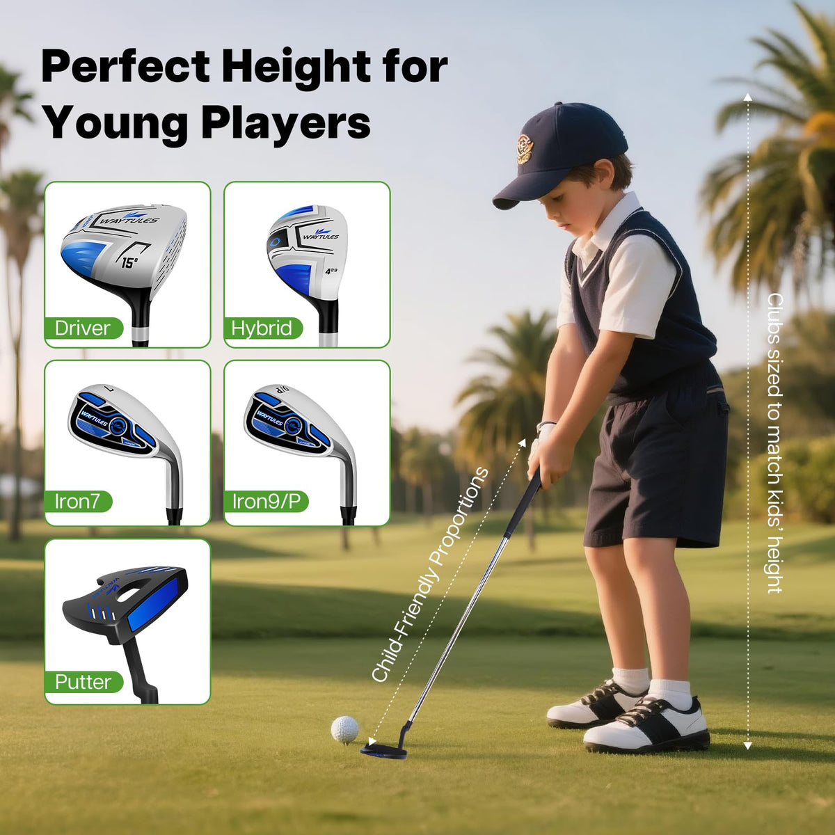 WAYTULES Kids Golf Set hybrid club shown for versatile long-game practice.