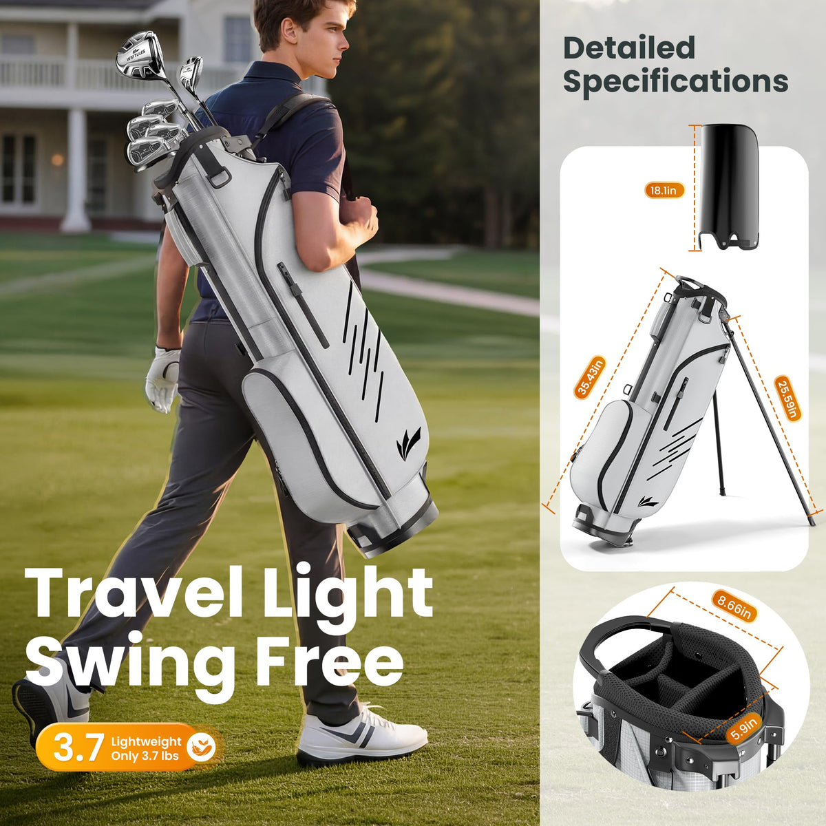 WAYTULES lightweight stand bag side view with compact profile for walking rounds.