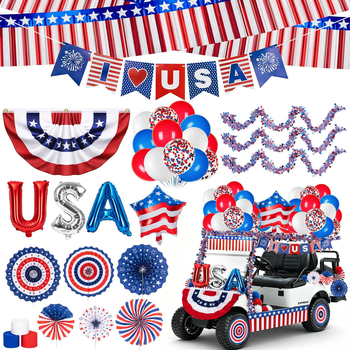 WEIDLUDOR USA foil letters decorating a golf cart for a bold parade look