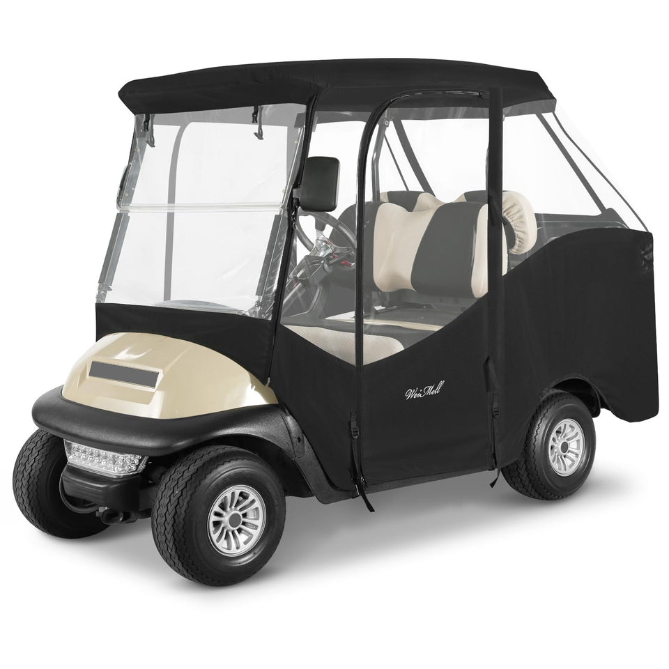 WEIMELL 4-passenger enclosure front view protecting a Club Car Precedent in rain