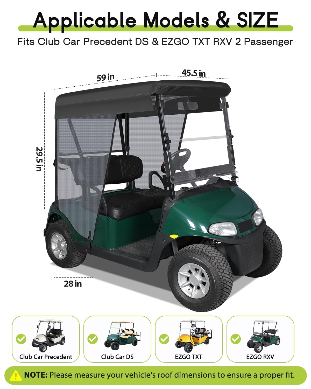 WEIMELL 59-inch roof fit for EZGO TXT RXV and Club Car, ensures snug protection.
