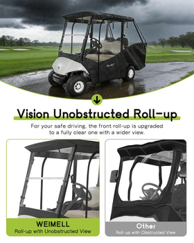 WEIMELL all-weather protection guards the golf cart against wet, windy conditions.