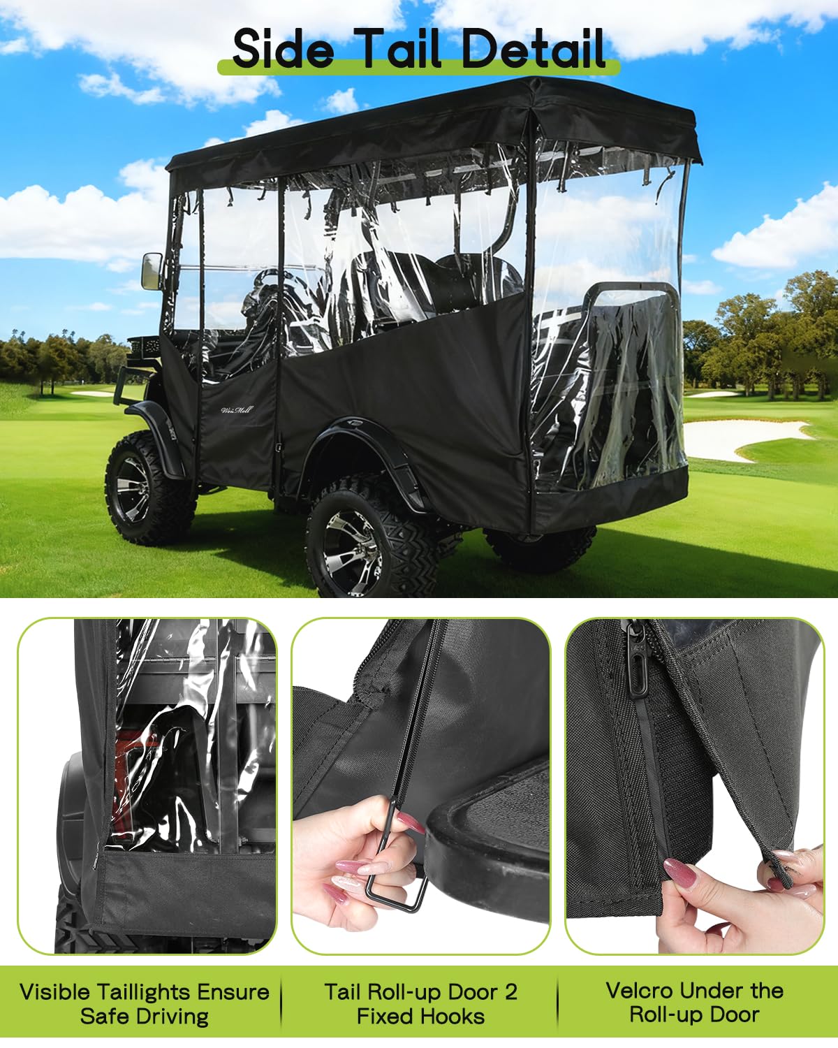 WEIMELL buckle straps secure enclosure to cart poles for stable fit.