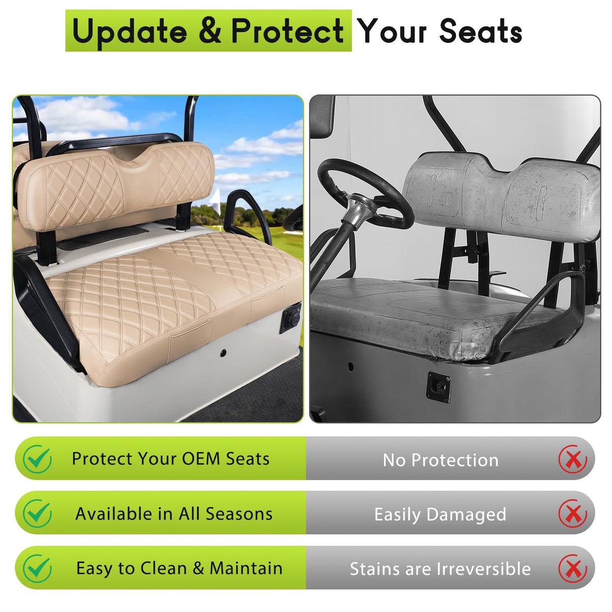Install WEIMELL EZGO RXV seat cover without tools for snug fit