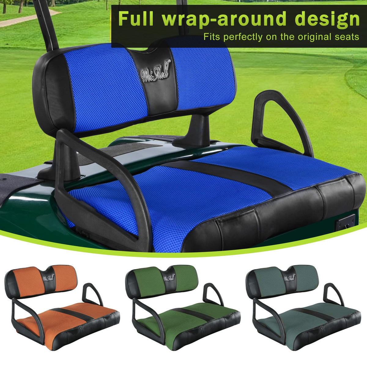 WEIMELL EZGO RXV front seat cushion cover offers breathable comfort for year-round use.
