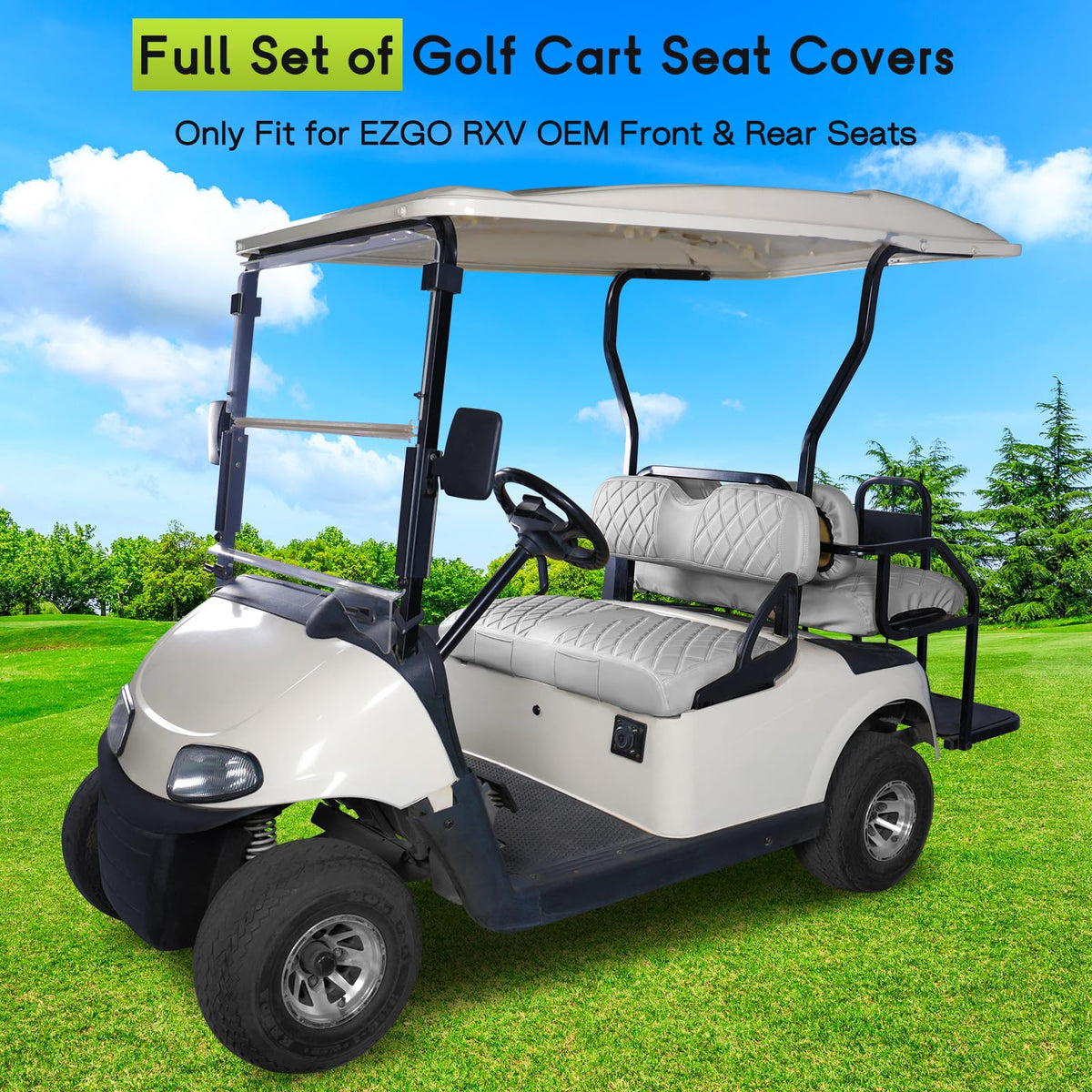 WEIMELL EZGO RXV rear seat cover protecting upholstery with pockets.