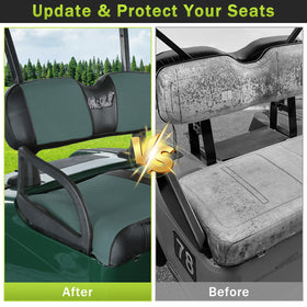 Easy installation for WEIMELL EZGO RXV front seat cover using straps.