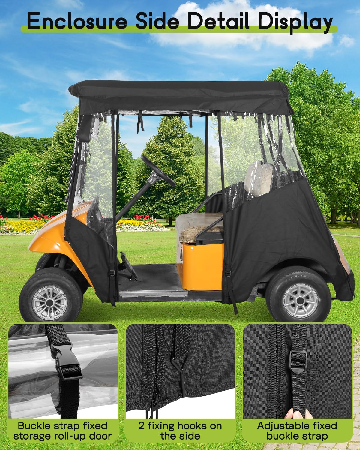 WEIMELL EZGO TXT 2-seat enclosure shields the cart from rain and dust.