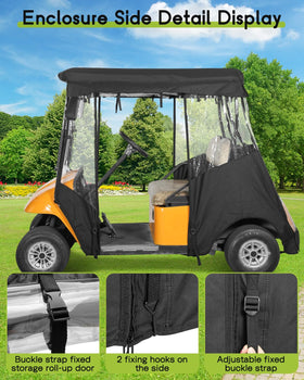 WEIMELL EZGO TXT 2-seat enclosure shields the cart from rain and dust.