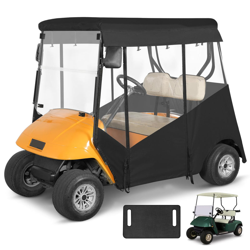 WEIMELL EZGO TXT 2-seat enclosure front view offers clear visibility and weather protection.