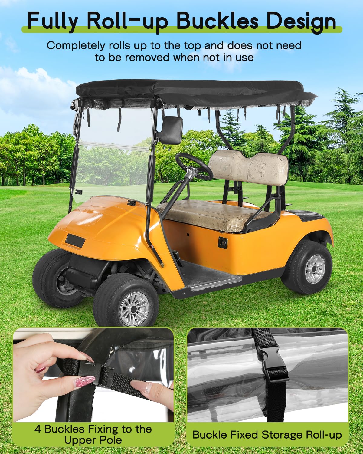 WEIMELL EZGO TXT 2-seat enclosure open front windshield design improves airflow and entry.