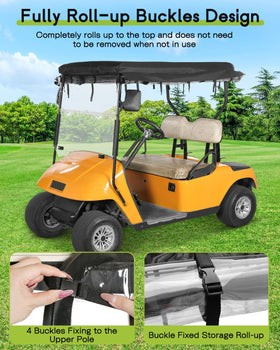 WEIMELL EZGO TXT 2-seat enclosure open front windshield design improves airflow and entry.