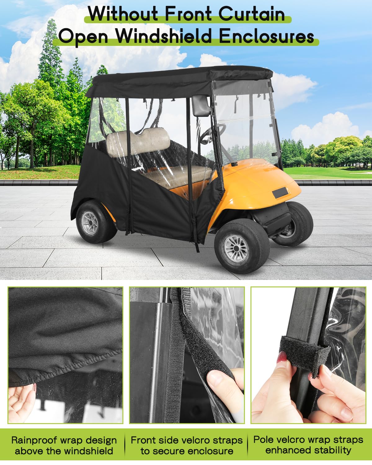 WEIMELL EZGO TXT 2-seat enclosure three-sided roll-up design enables flexible ventilation.