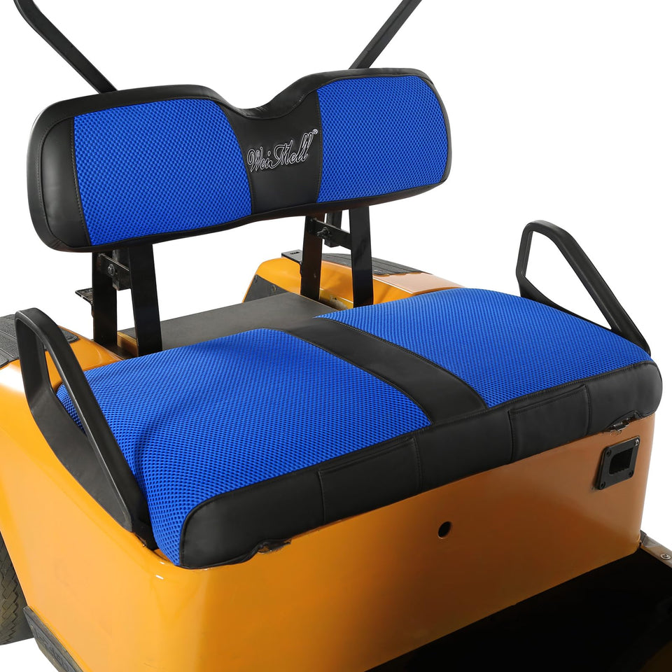 Weimell EZGO TXT front seat cover assembly demonstrates sturdy fit and refreshed interior.