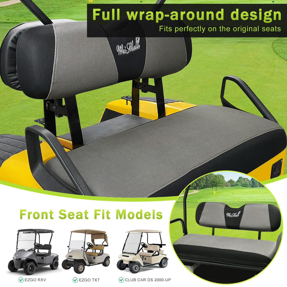 Weimell front seat cushion detail shows soft, scratch-resistant fabric.