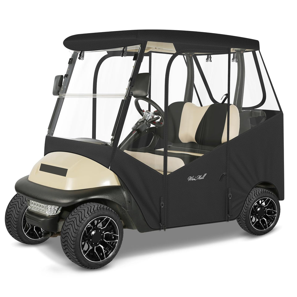 Weimell 2-pax golf cart enclosure front view protecting two passengers from rain
