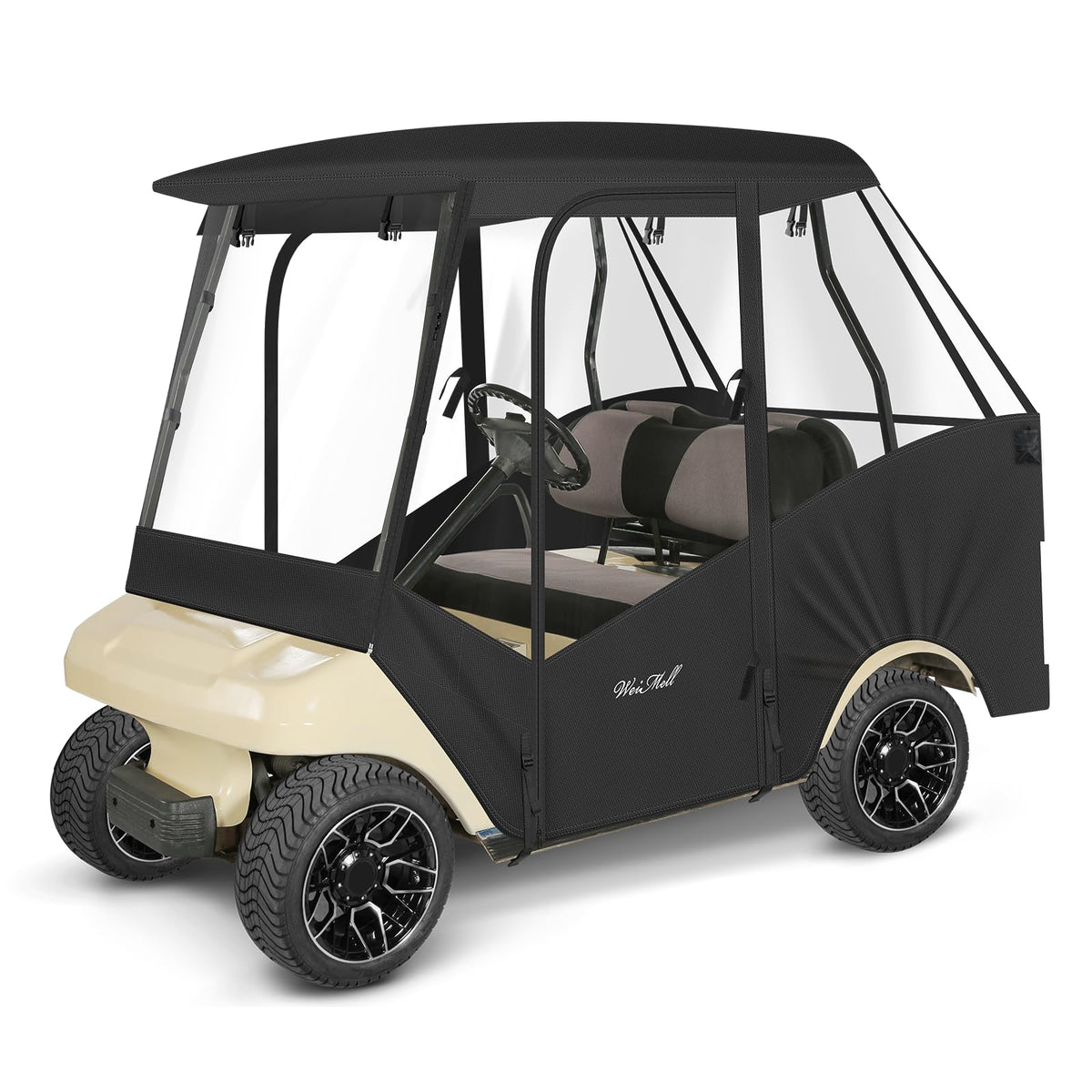 Weimell golf cart enclosure front view for Club Car DS with protective rain cover