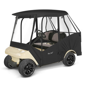 Weimell golf cart enclosure front view for Club Car DS with protective rain cover