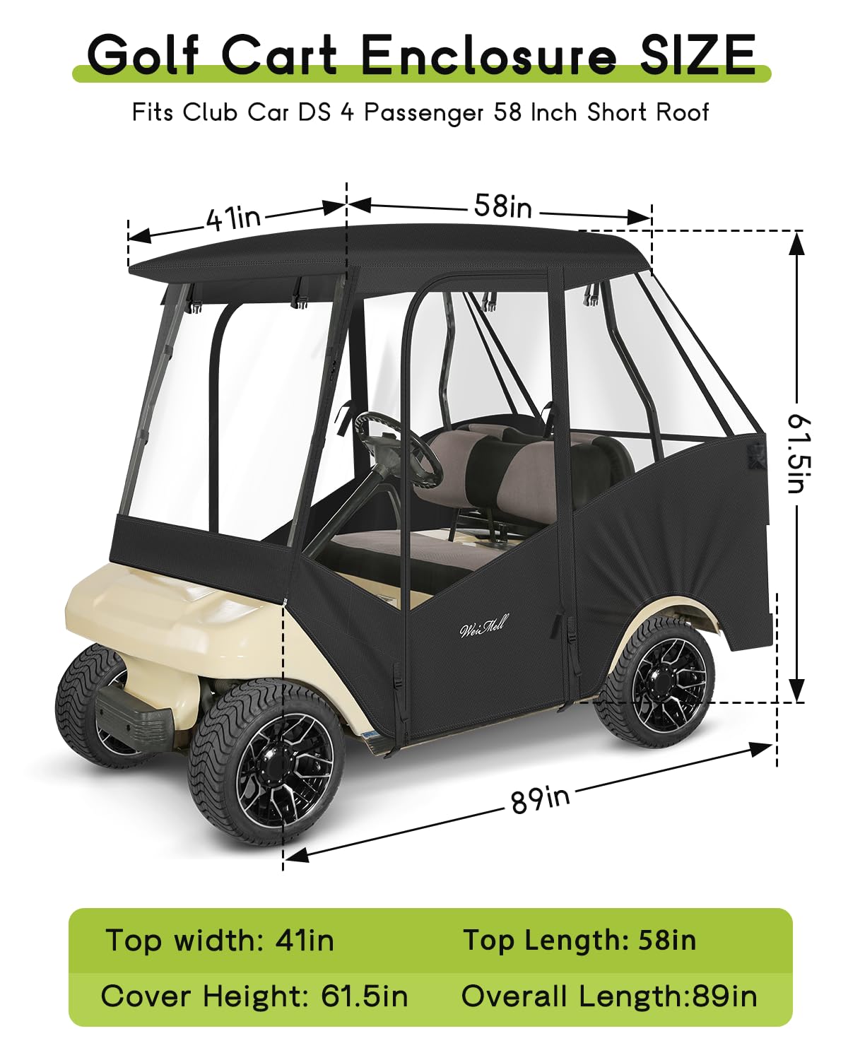 Weimell golf cart enclosure side view showing mirror openings for safe driving