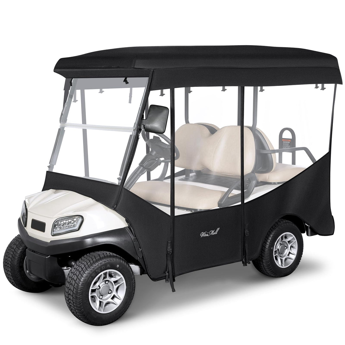 Weimell golf cart enclosure 4-seat front view with clear windows for all-weather visibility.