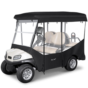 Weimell golf cart enclosure 4-seat front view with clear windows for all-weather visibility.