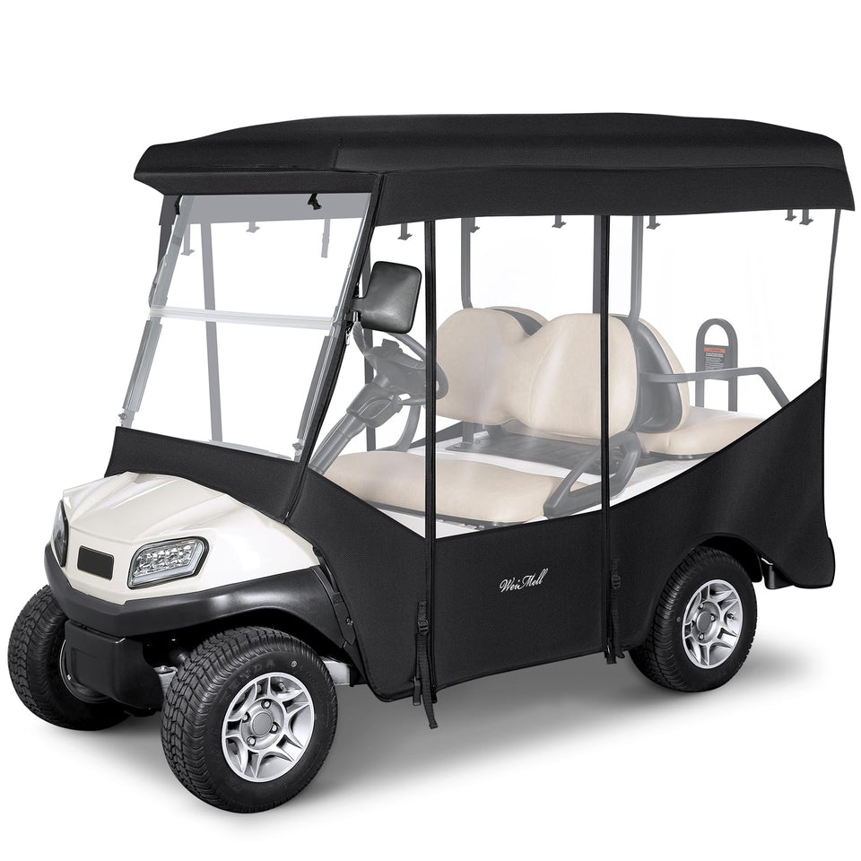 Weimell golf cart enclosure 4-seat front view with clear windows for all-weather visibility.
