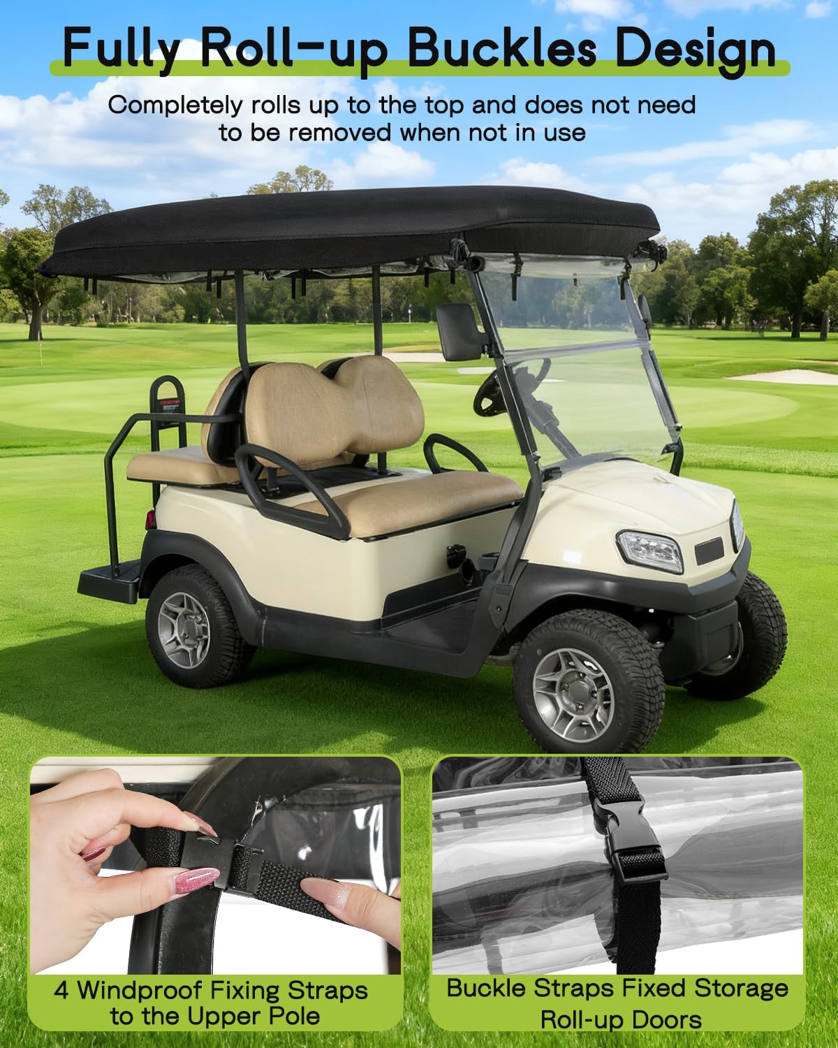 Weimell golf cart enclosure 4-seat rear view keeps items protected from wind and rain.