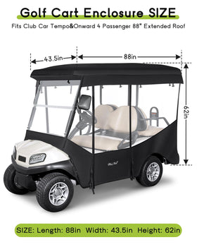 Weimell golf cart enclosure 4-seat side view enhances access and mirror visibility.