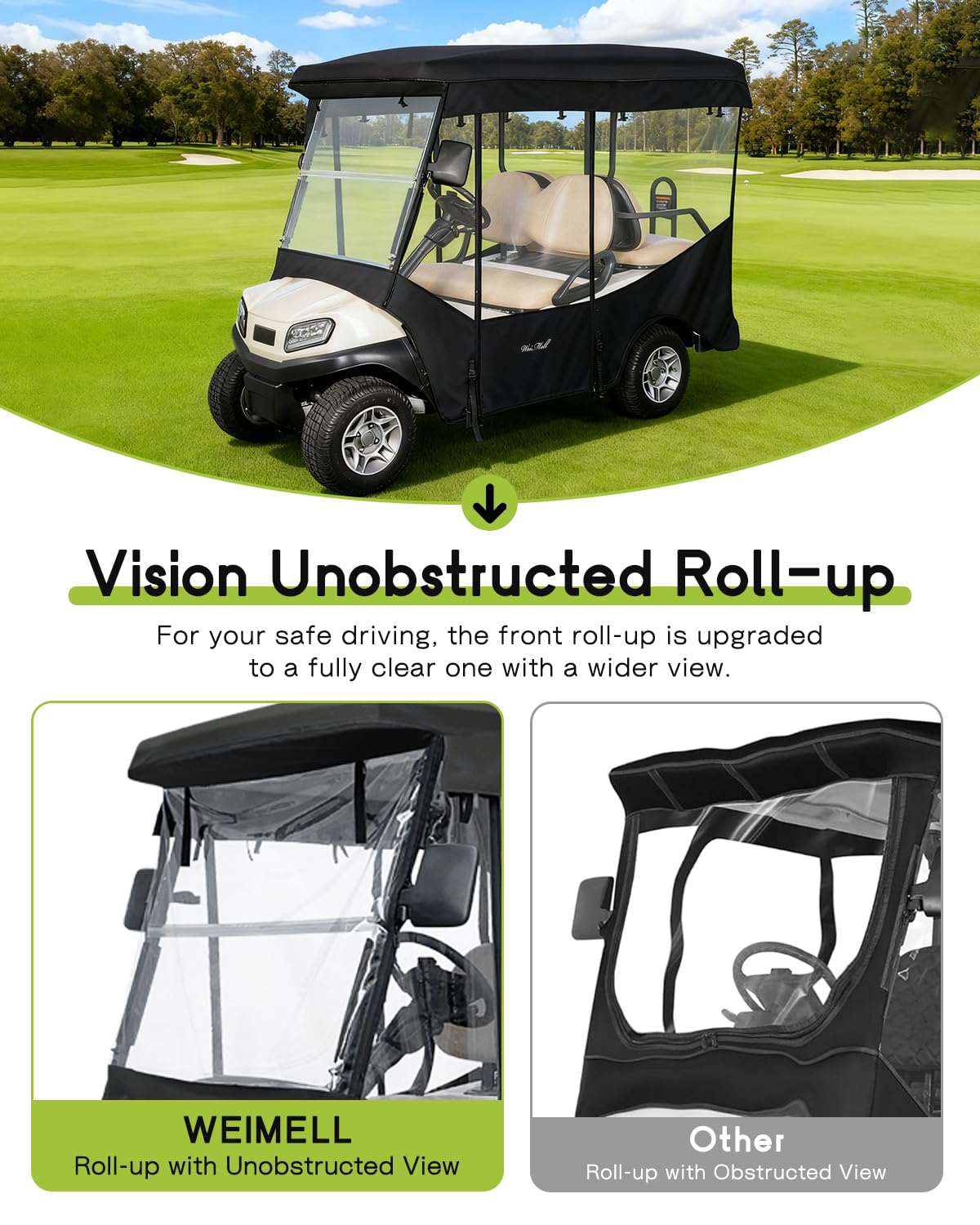 Weimell golf cart enclosure 600D fabric emphasizes durability and weather protection.