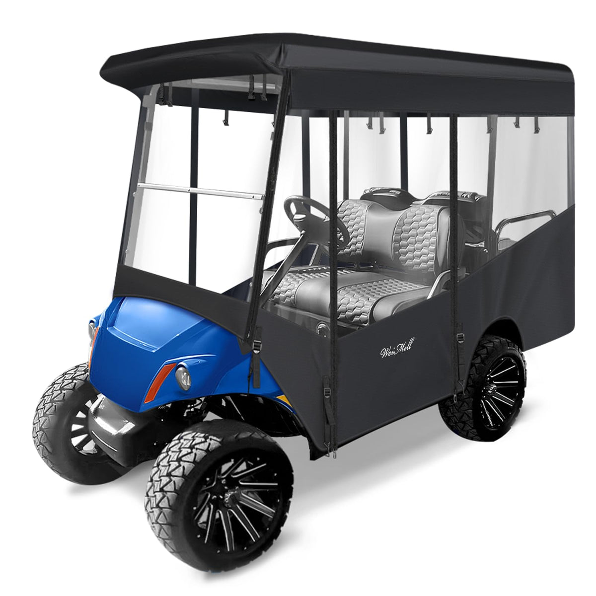WEIMELL golf cart enclosure for Yamaha G29 with extended roof, rain protection and clear view.