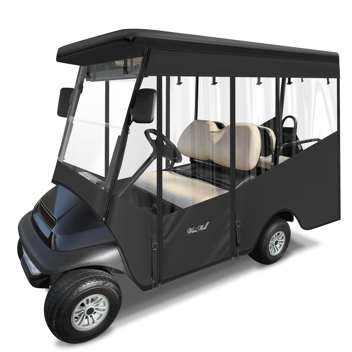 WEIMELL golf cart enclosure for Club Car Precedent with extended roof offering full protection.