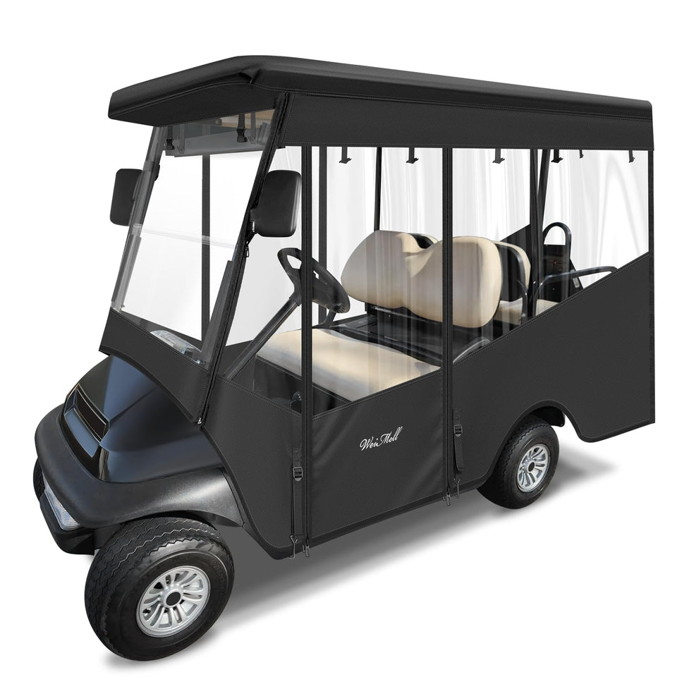 WEIMELL golf cart enclosure for Club Car Precedent with extended roof offering full protection.