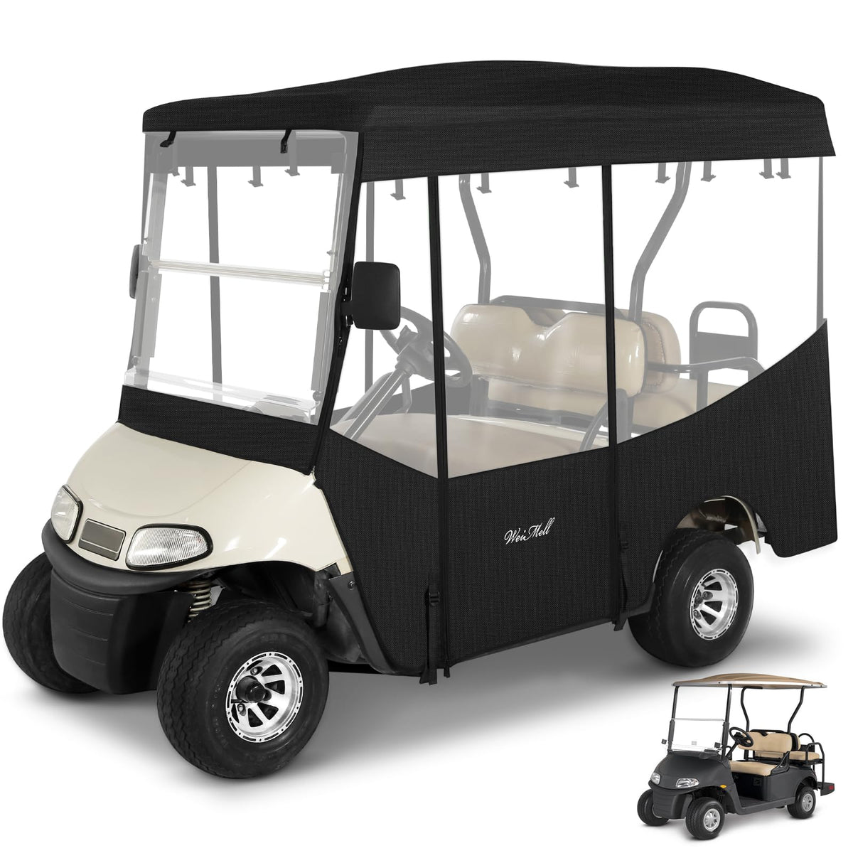 WEIMELL golf cart enclosure front view with extended roof for all-weather protection